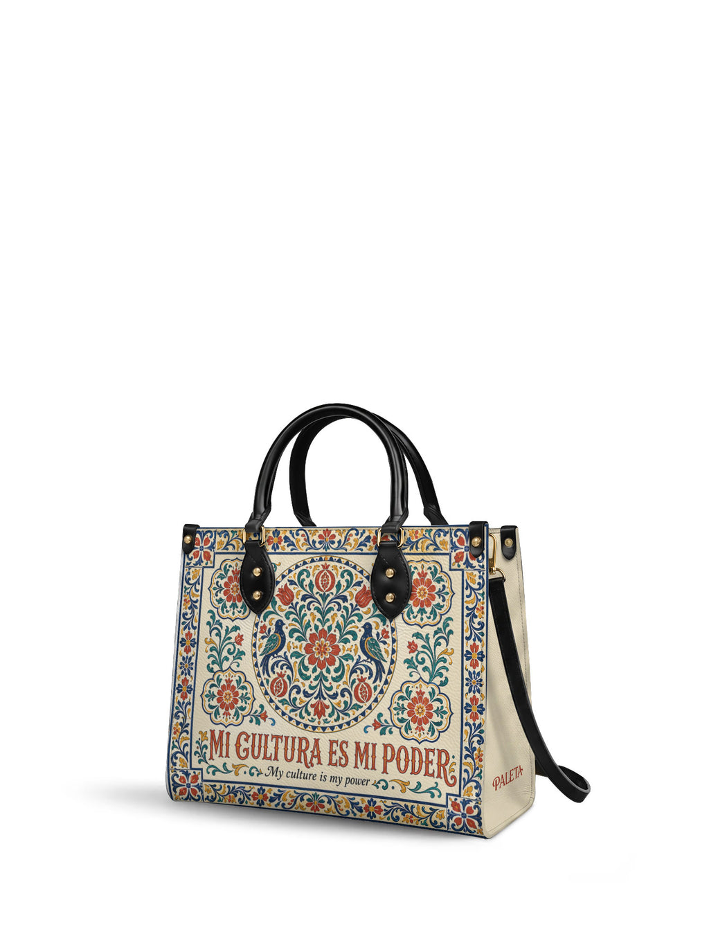 "Mi cultura es mi poder" ver.3 Leather Handbag - side view | Paleta Bags