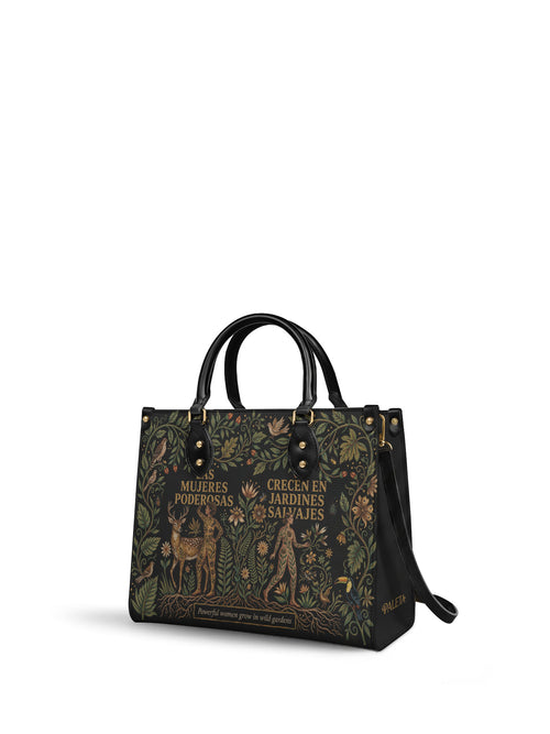 "Las mujeres poderosas crecen en jardines salvajes" ver.3 Leather Handbag - side view | Paleta Bags