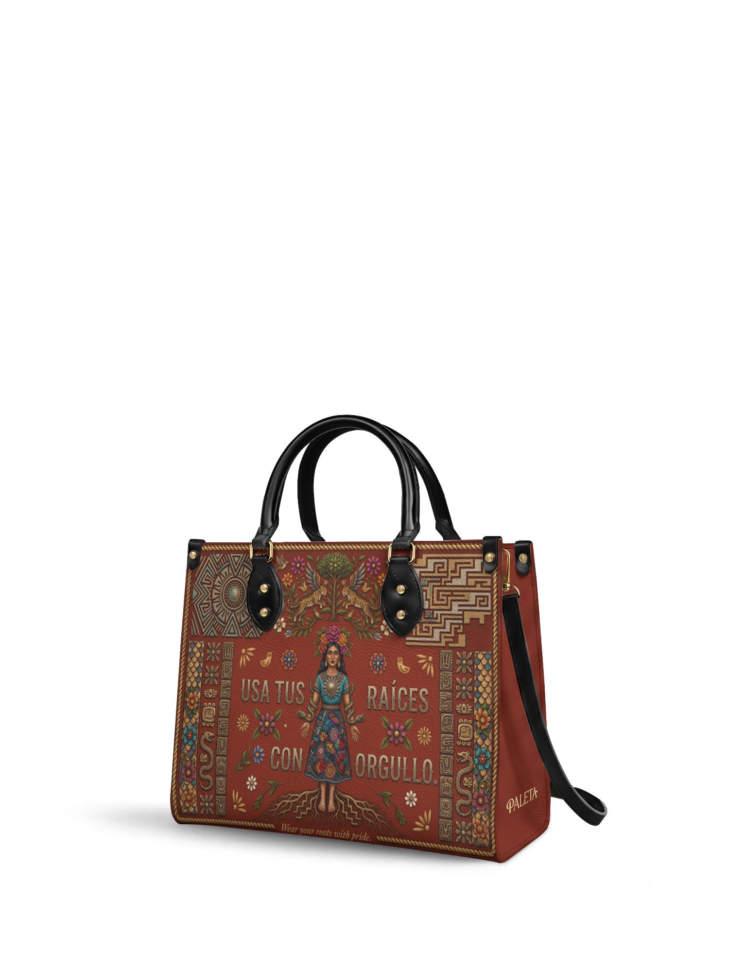 "Usa tus raíces con orgullo" ver.2 Leather Handbag - side view | Paleta Bags