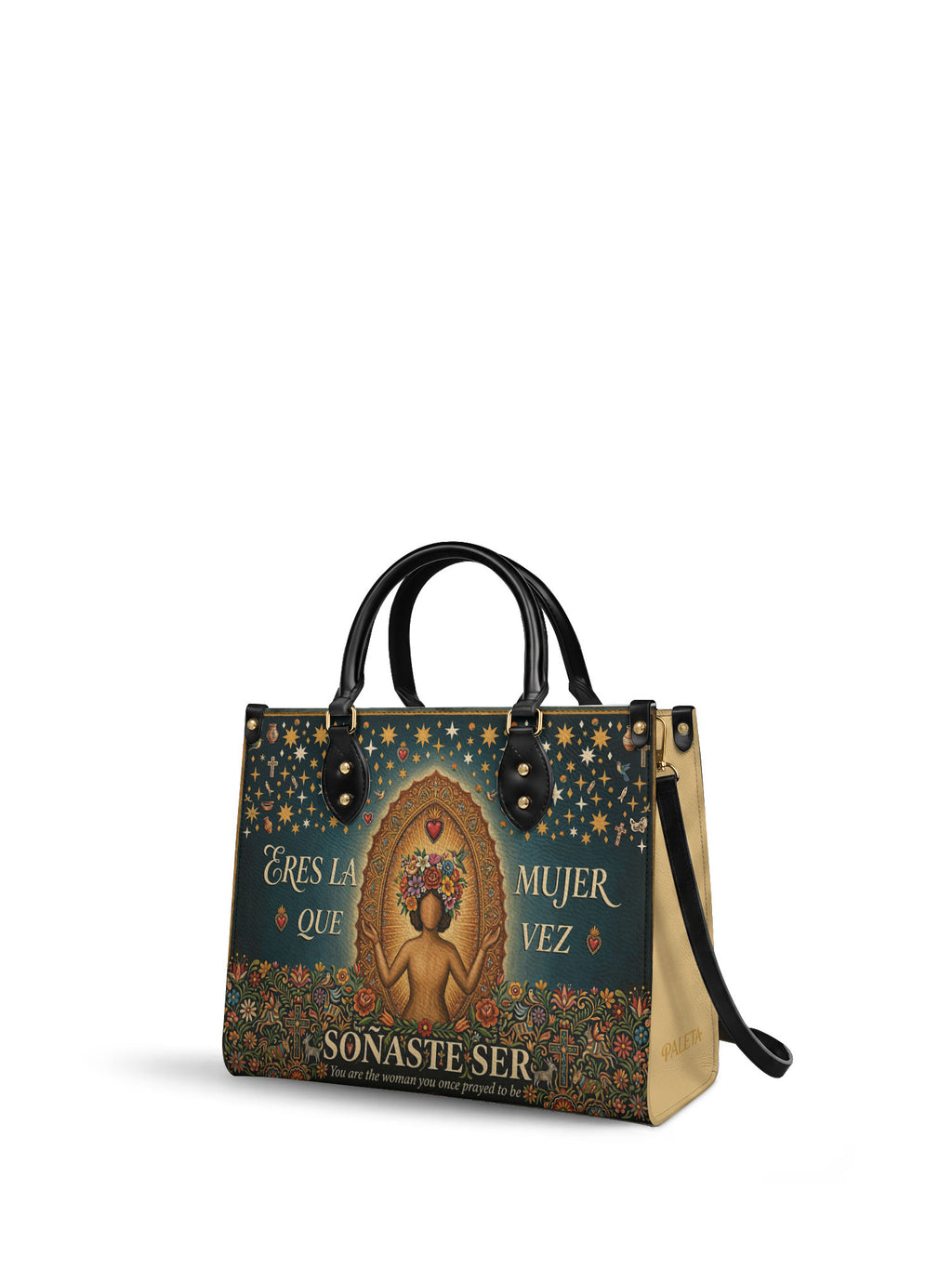 "Eres la mujer que alguna vez soñaste ser" ver.4 Leather Handbag - side view | Paleta Bags