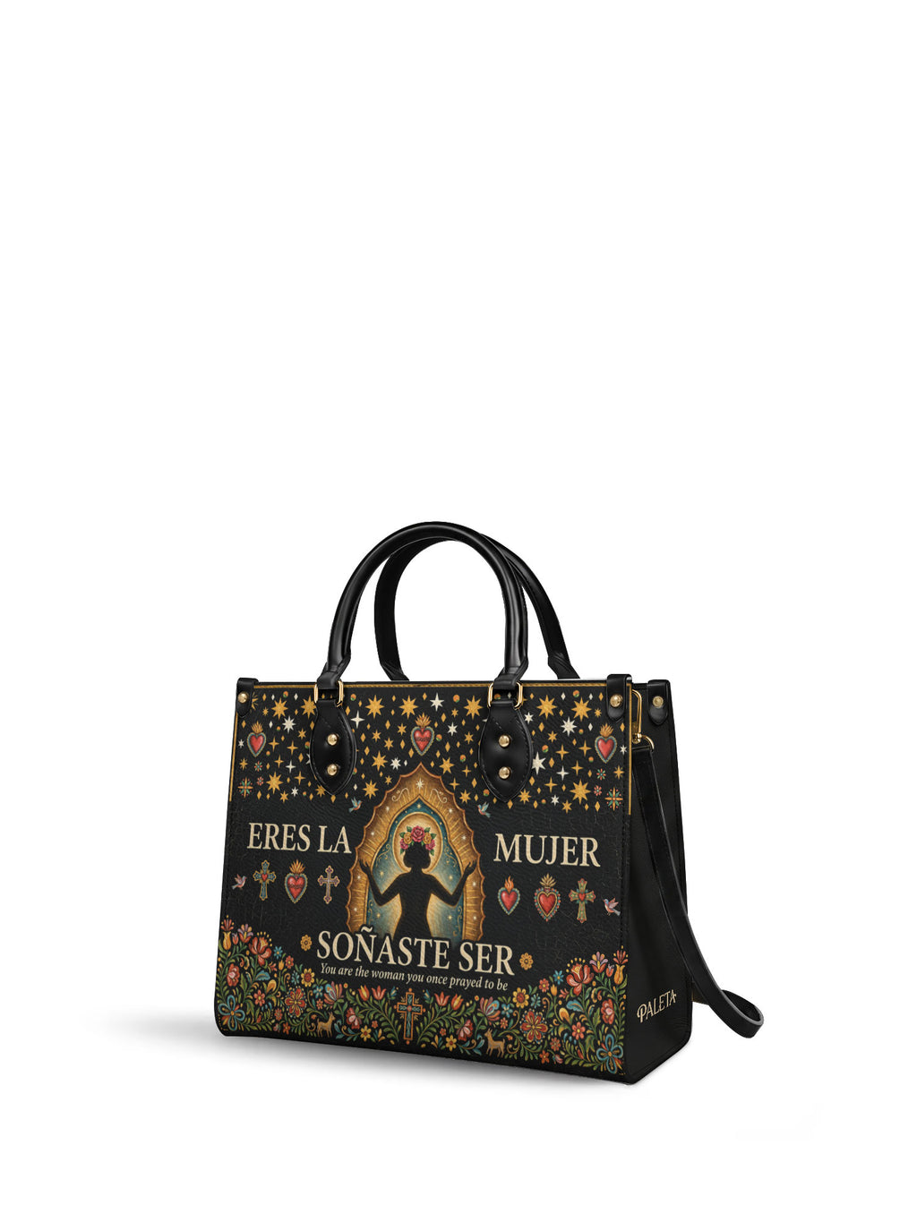 "Eres la mujer que alguna vez soñaste ser" ver.2 Leather Handbag - side view | Paleta Bags