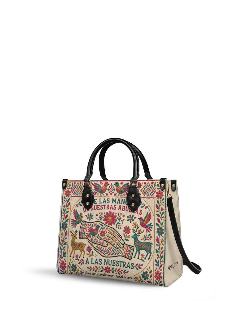 "De las manos de nuestras abuelas a las nuestras" ver.1 Leather Handbag - side view | Paleta Bags