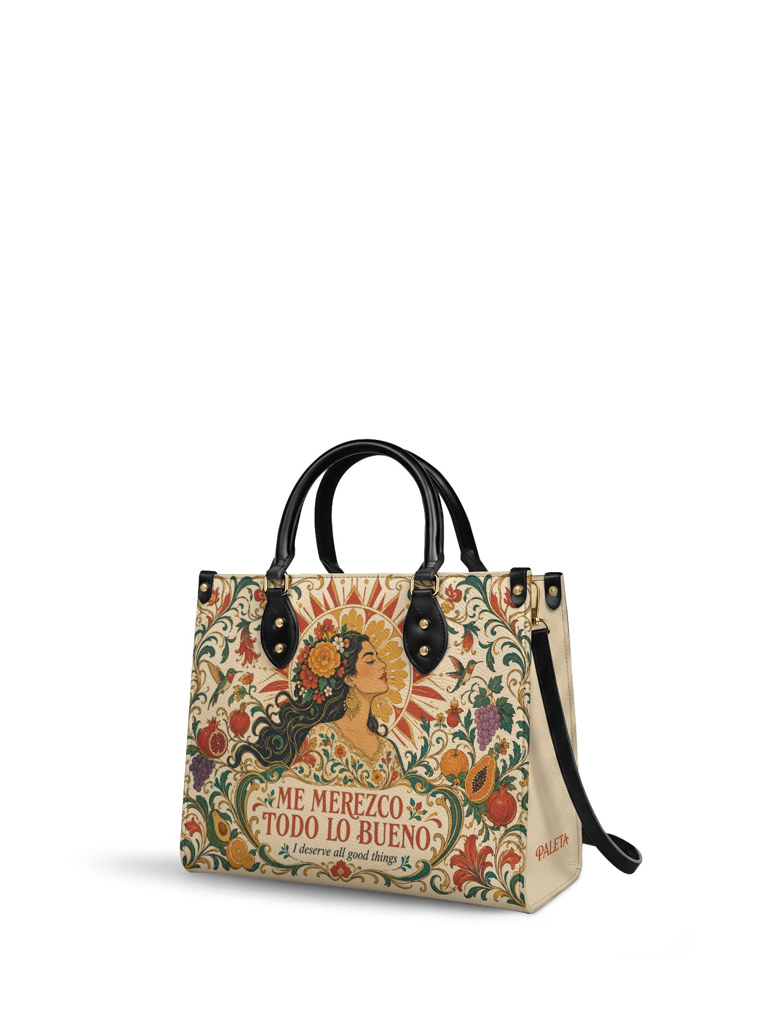 "Me merezco todo lo bueno" ver.3 Leather Handbag - side view | Paleta Bags