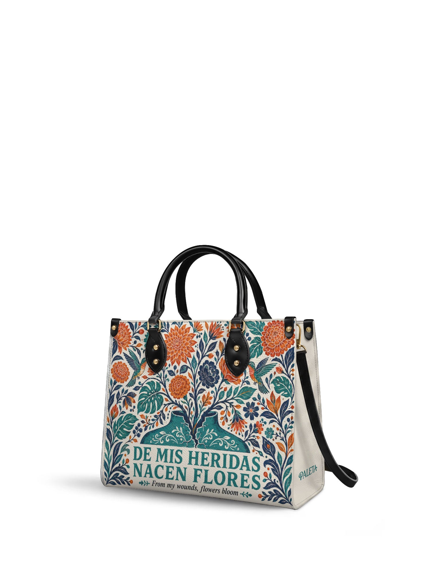 "De mis heridas nacen flores" ver.1 Leather Handbag - side view | Paleta Bags