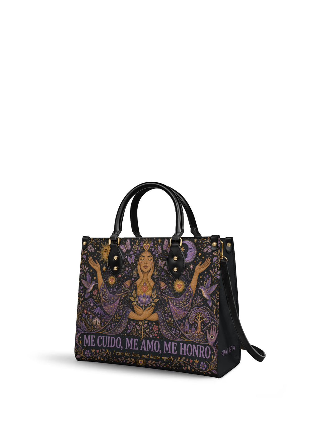 "Me cuido, me amo, me honro" ver.2 Leather Handbag - side view | Paleta Bags