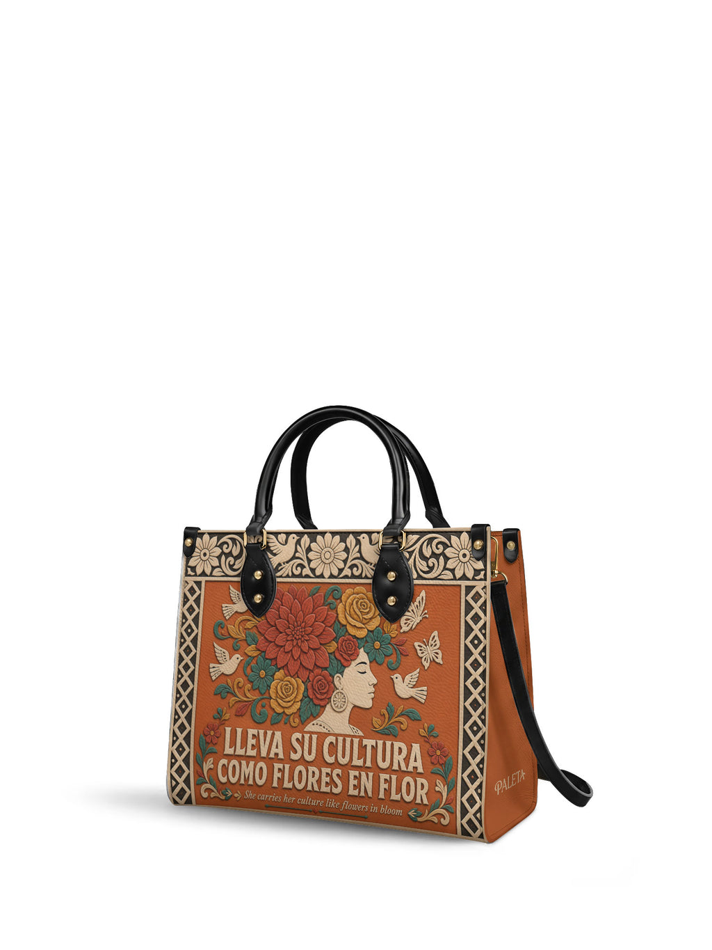 "Lleva su cultura como flores en flor" ver.3 Leather Handbag - side view | Paleta Bags