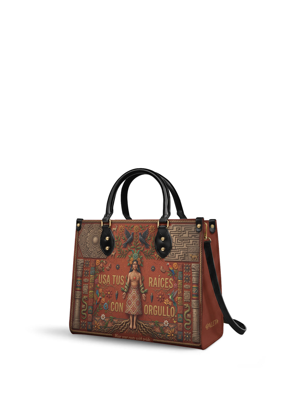 "Usa tus raíces con orgullo" ver.1 Leather Handbag - side view | Paleta Bags
