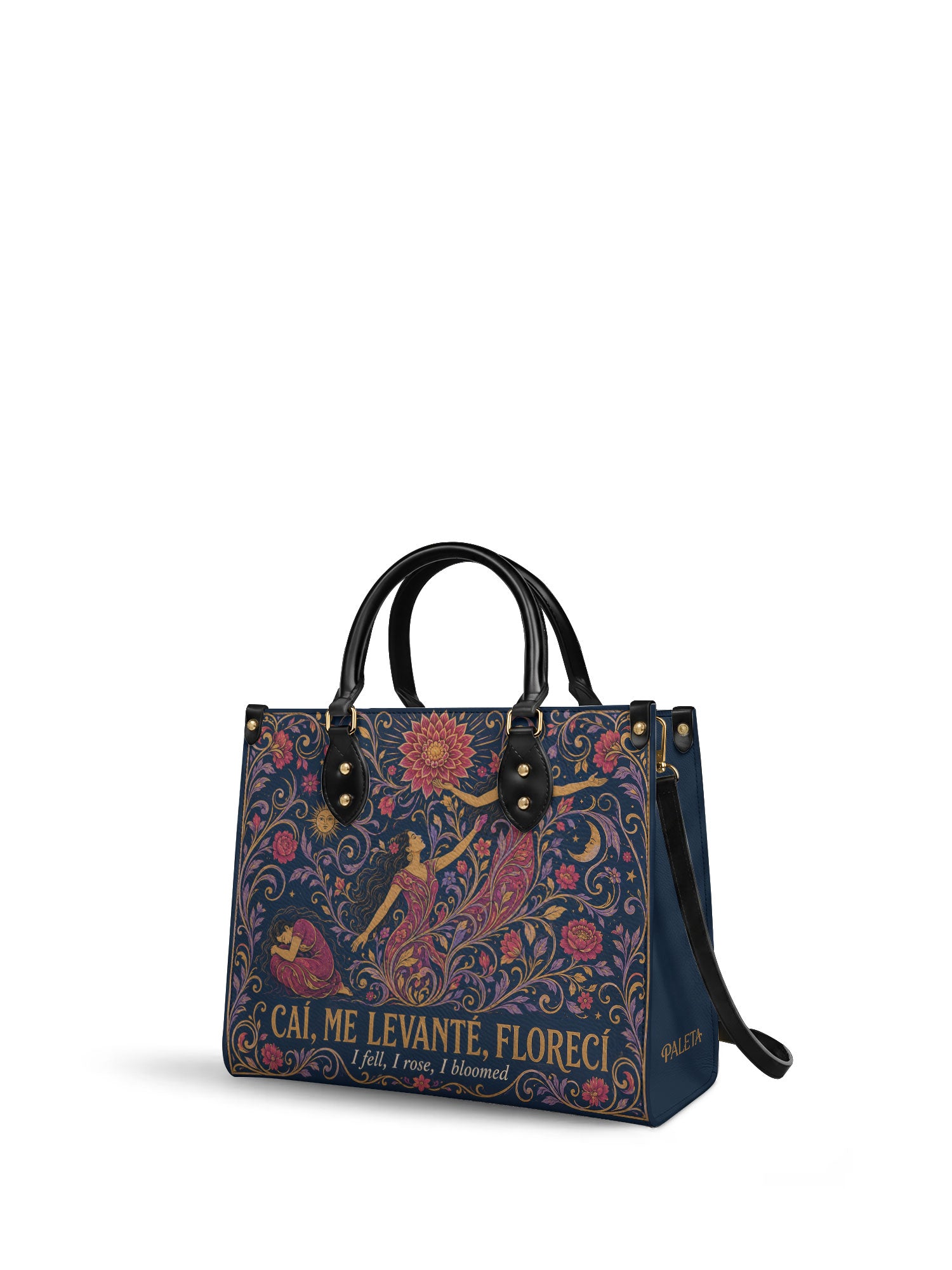"Caí, me levanté, florecí" ver.5 Leather Handbag - side view | Paleta Bags