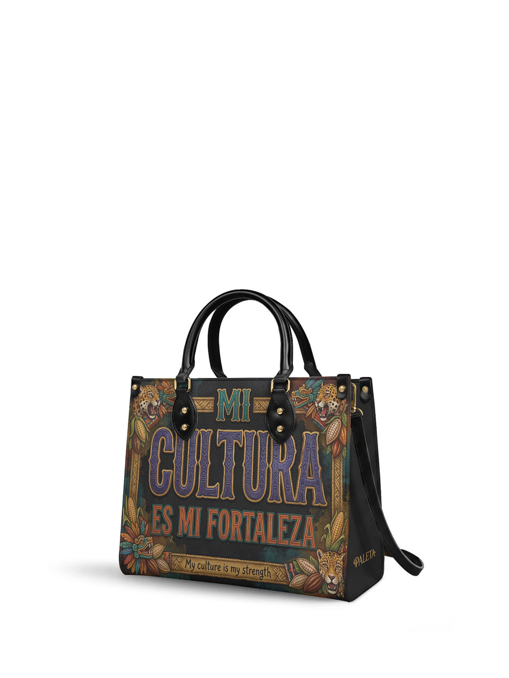 "Mi cultura es mi fortaleza" ver.3 Leather Handbag - side view | Paleta Bags