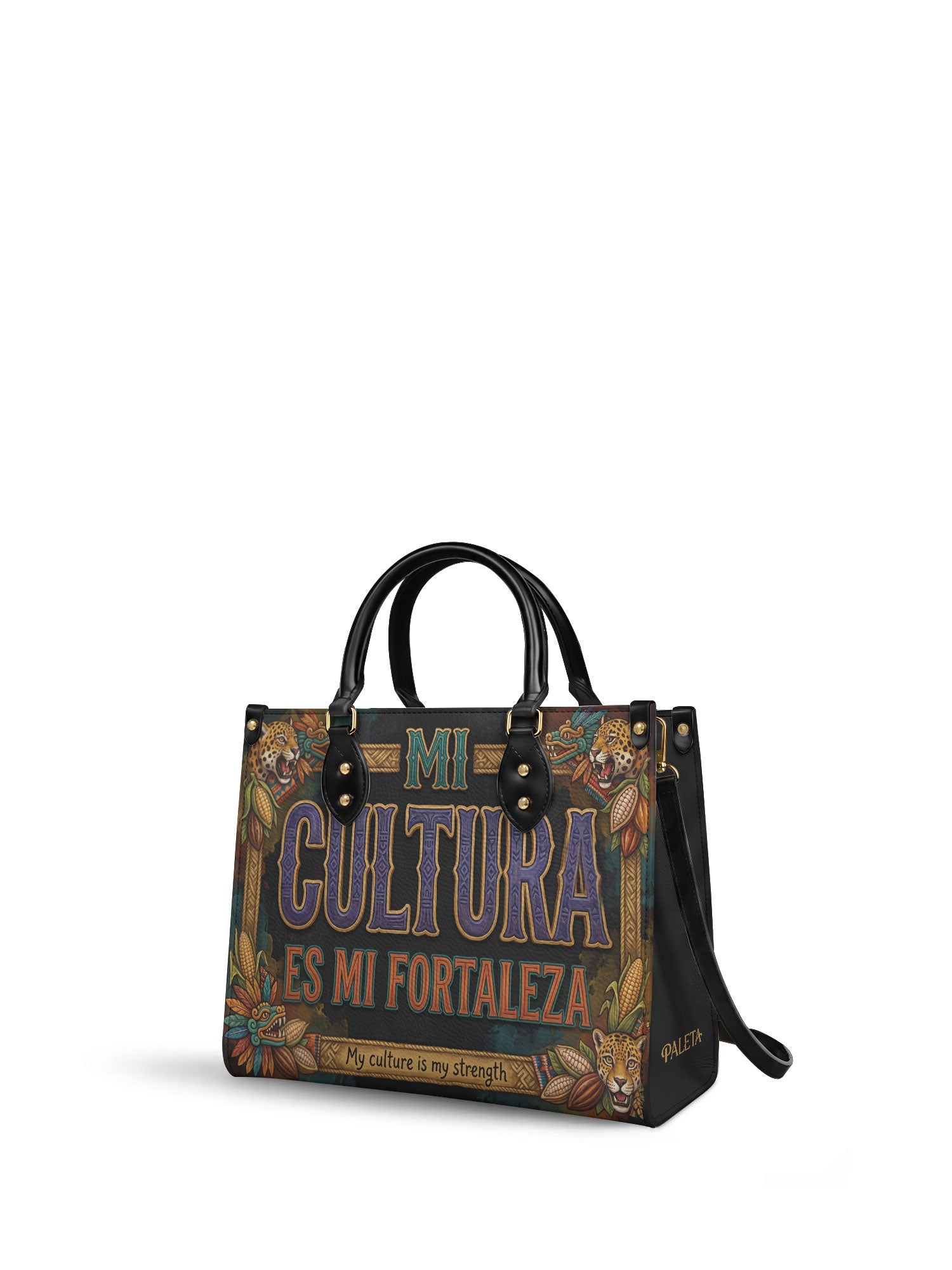"Mi cultura es mi fortaleza" ver.3 Leather Handbag - side view | Paleta Bags