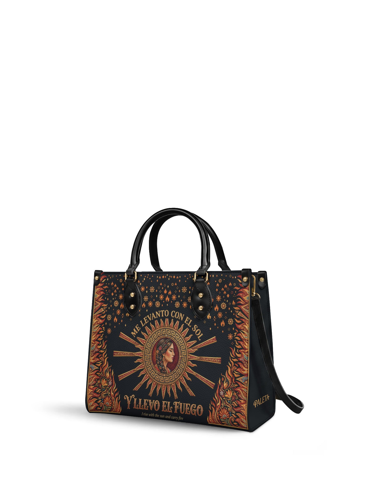 "Me levanto con el sol y llevo el fuego" ver.3 Leather Handbag - side view | Paleta Bags
