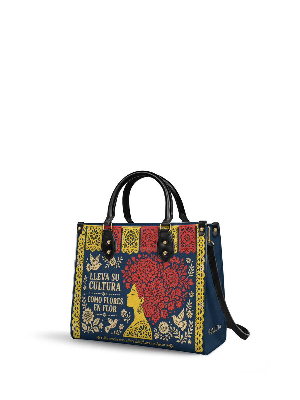 "Lleva su cultura como flores en flor" ver.2 Leather Handbag - side view | Paleta Bags