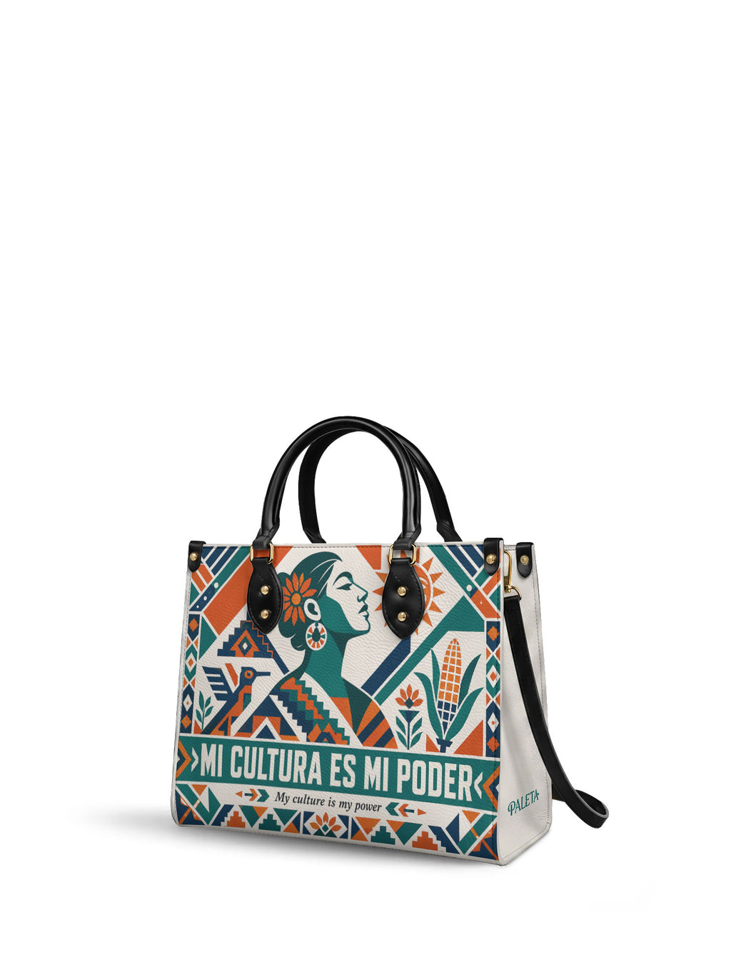 "Mi cultura es mi poder" ver.4 Leather Handbag - side view | Paleta Bags