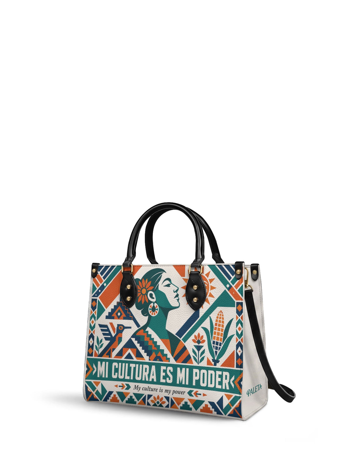 "Mi cultura es mi poder" ver.4 Leather Handbag - side view | Paleta Bags