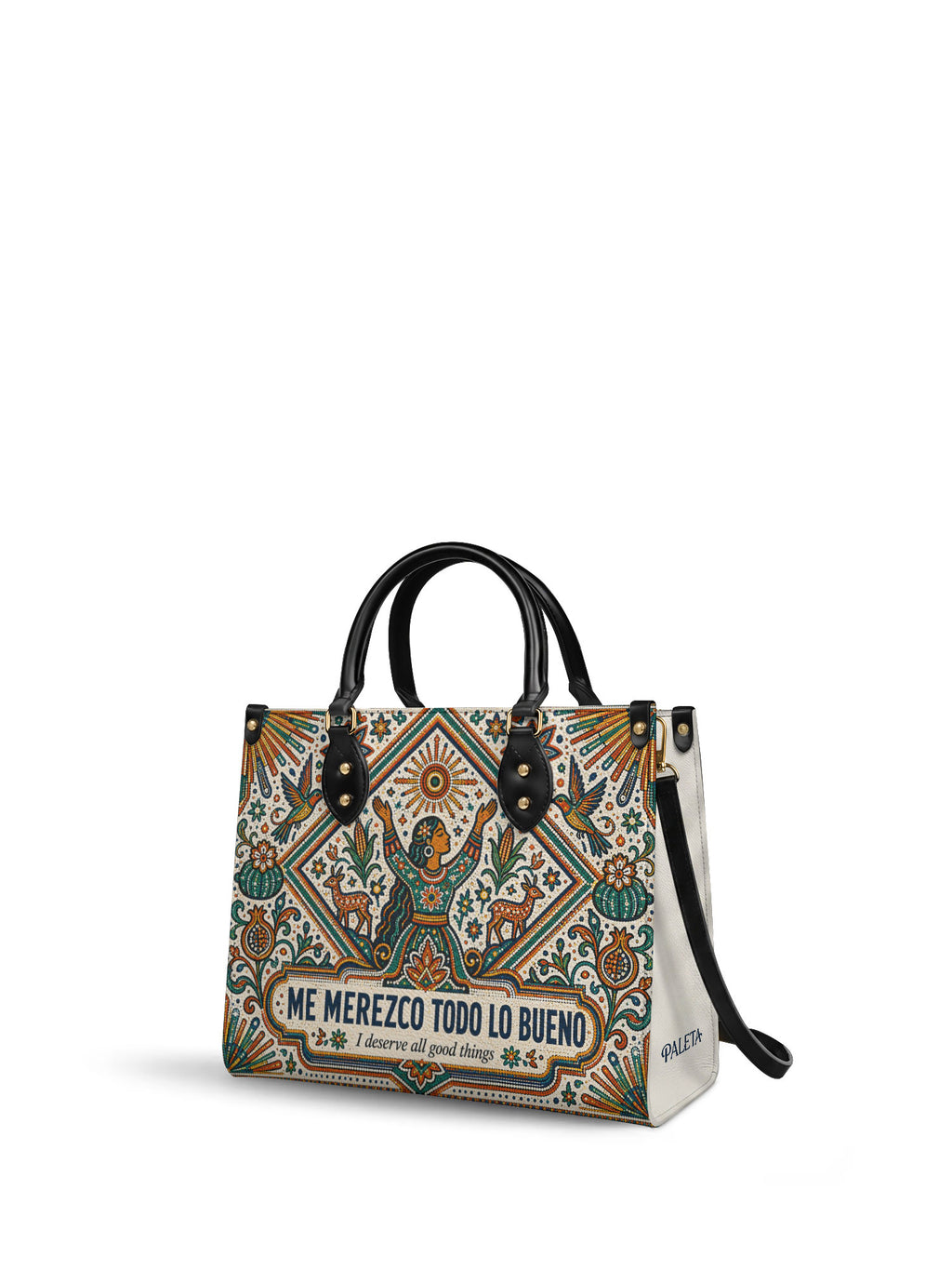 "Me merezco todo lo bueno" ver.5 Leather Handbag - side view | Paleta Bags