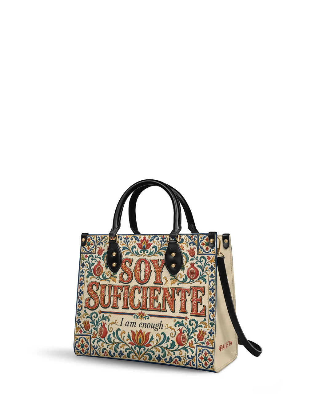 "Soy suficiente, tal y como soy" ver.1 Leather Handbag - side view | Paleta Bags