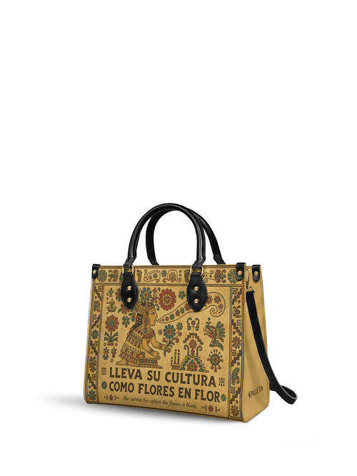"Lleva su cultura como flores en flor" ver.5 Leather Handbag - side view | Paleta Bags