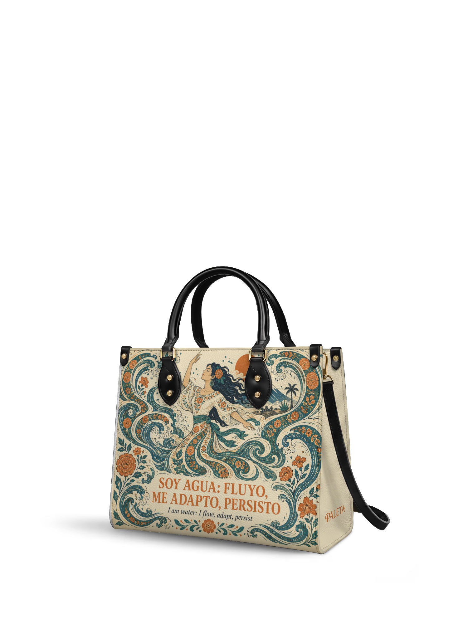 "Soy agua fluyo, me adapto, persisto" ver.4 Leather Handbag - side view | Paleta Bags