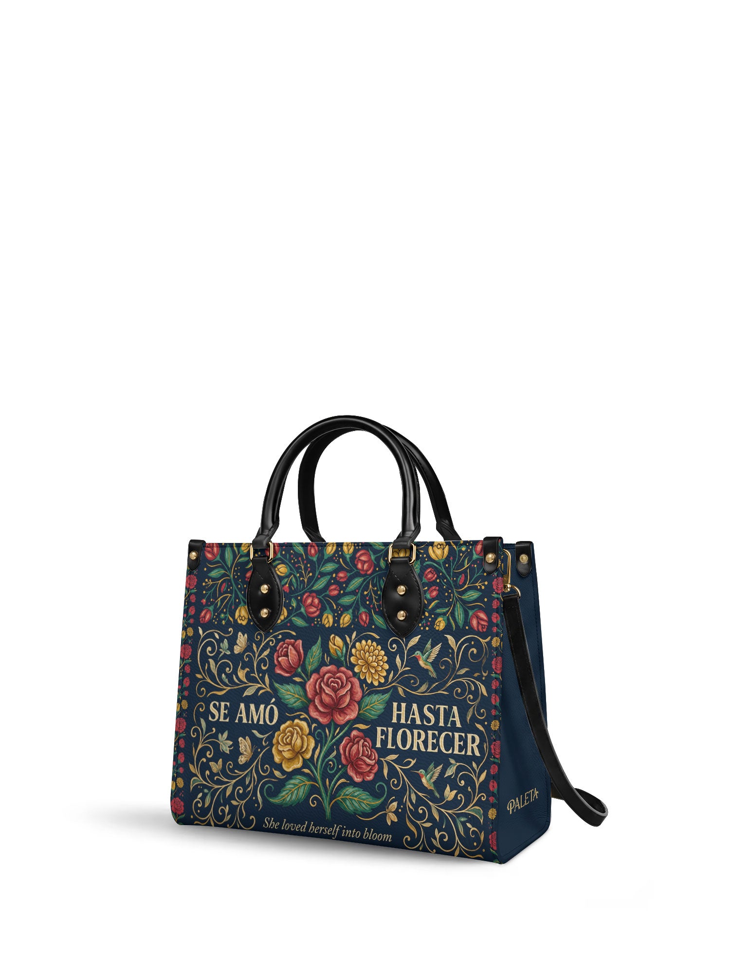 "Se amó hasta florecer" ver.6 Leather Handbag - side view | Paleta Bags