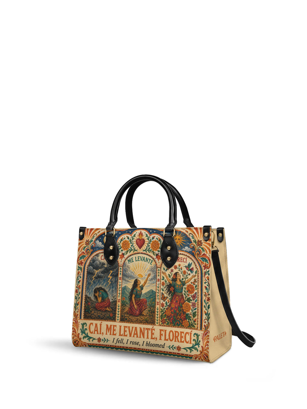 "Caí, me levanté, florecí" ver.1 Leather Handbag - side view | Paleta Bags