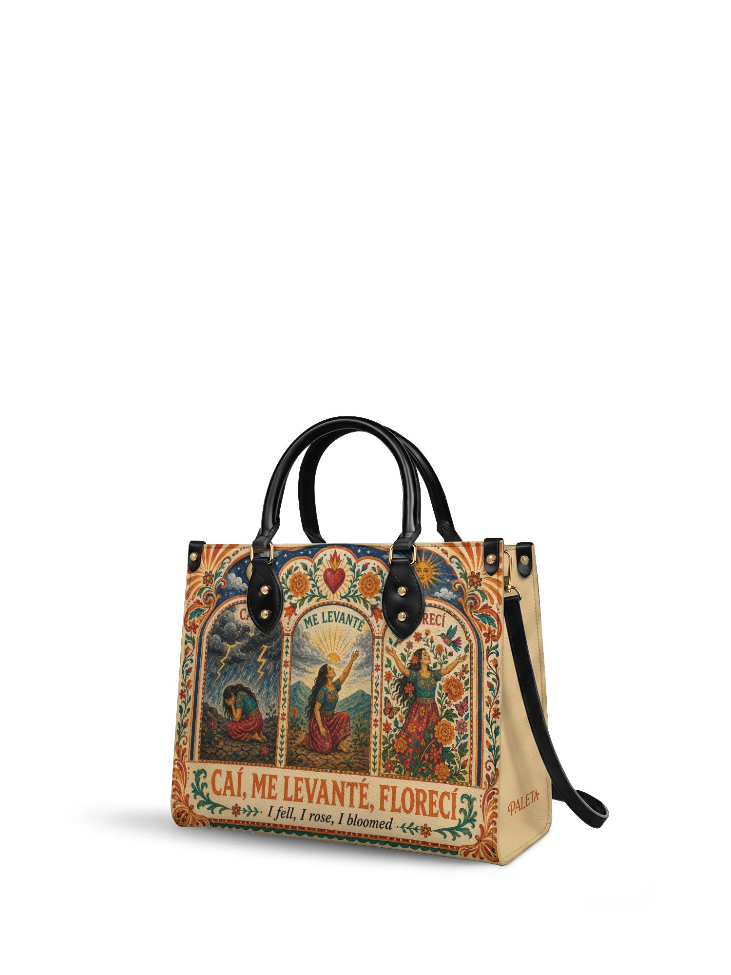 "Caí, me levanté, florecí" ver.1 Leather Handbag - side view | Paleta Bags