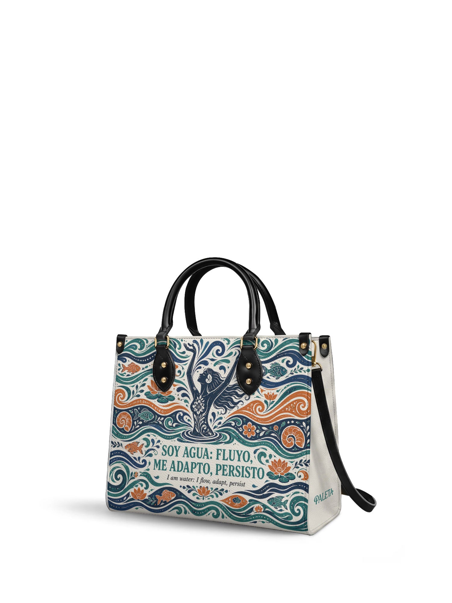 "Soy agua fluyo, me adapto, persisto" ver.1 Leather Handbag - side view | Paleta Bags