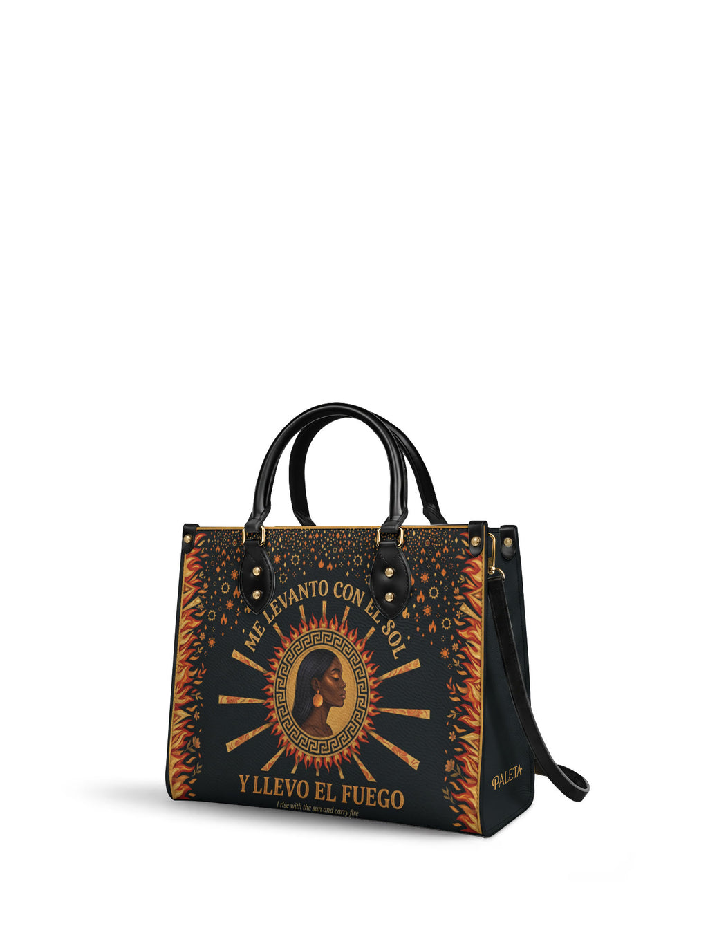 "Me levanto con el sol y llevo el fuego" ver.1 Leather Handbag - side view | Paleta Bags