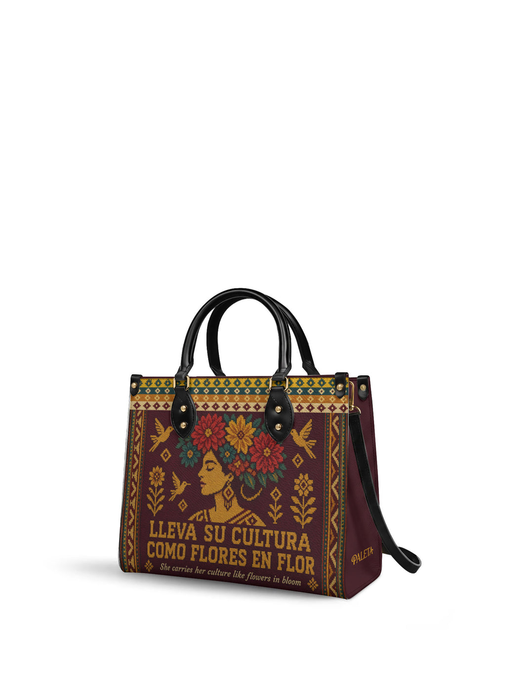"Lleva su cultura como flores en flor" ver.4 Leather Handbag - side view | Paleta Bags