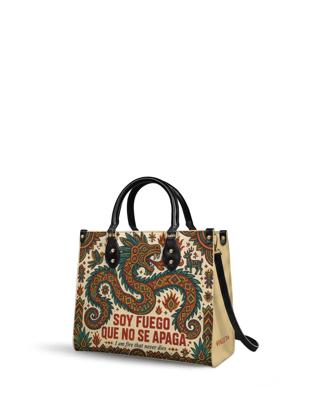"Soy fuego que no se apaga" ver.2 Leather Handbag - side view | Paleta Bags