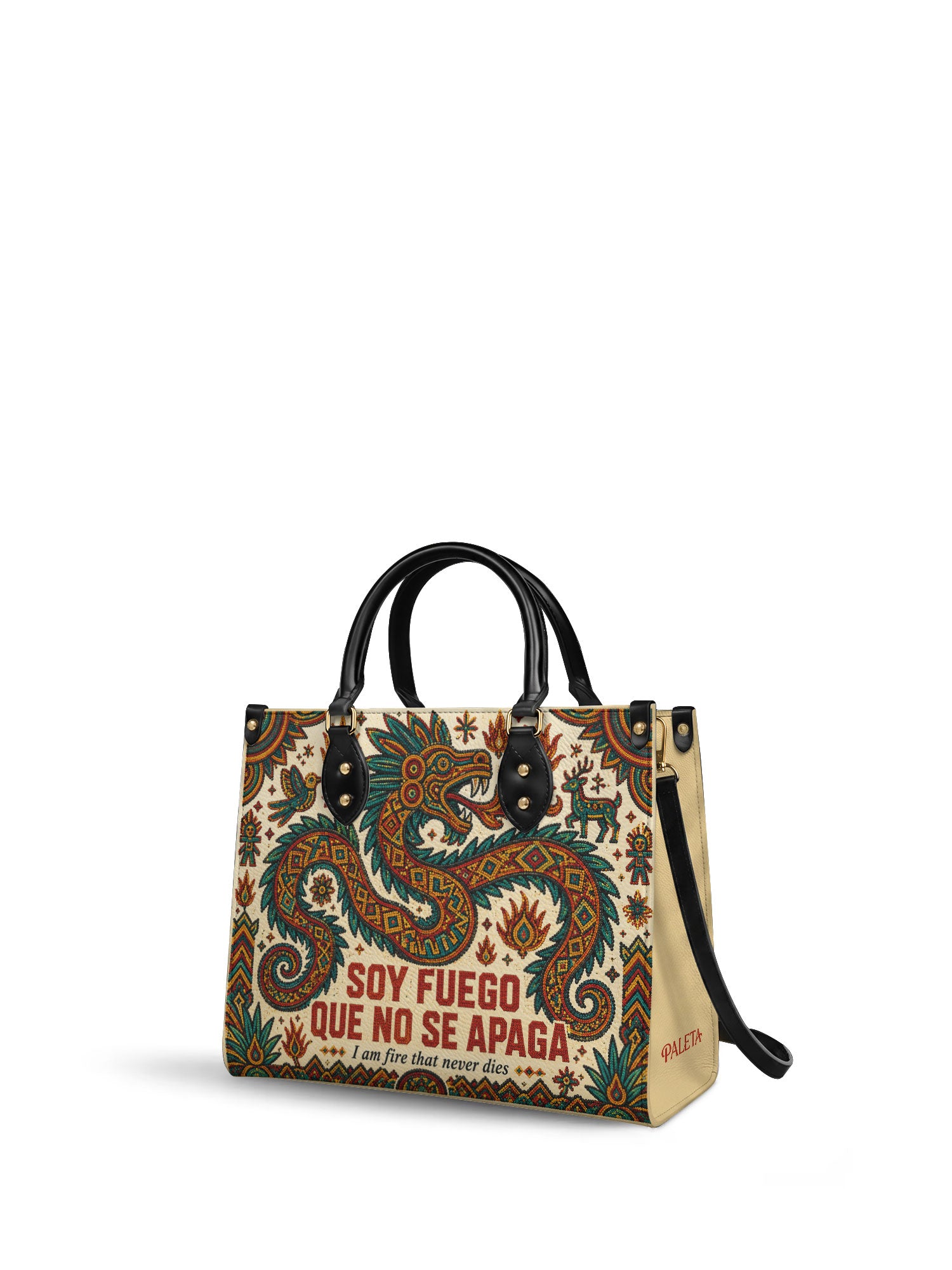 "Soy fuego que no se apaga" ver.2 Leather Handbag - side view | Paleta Bags