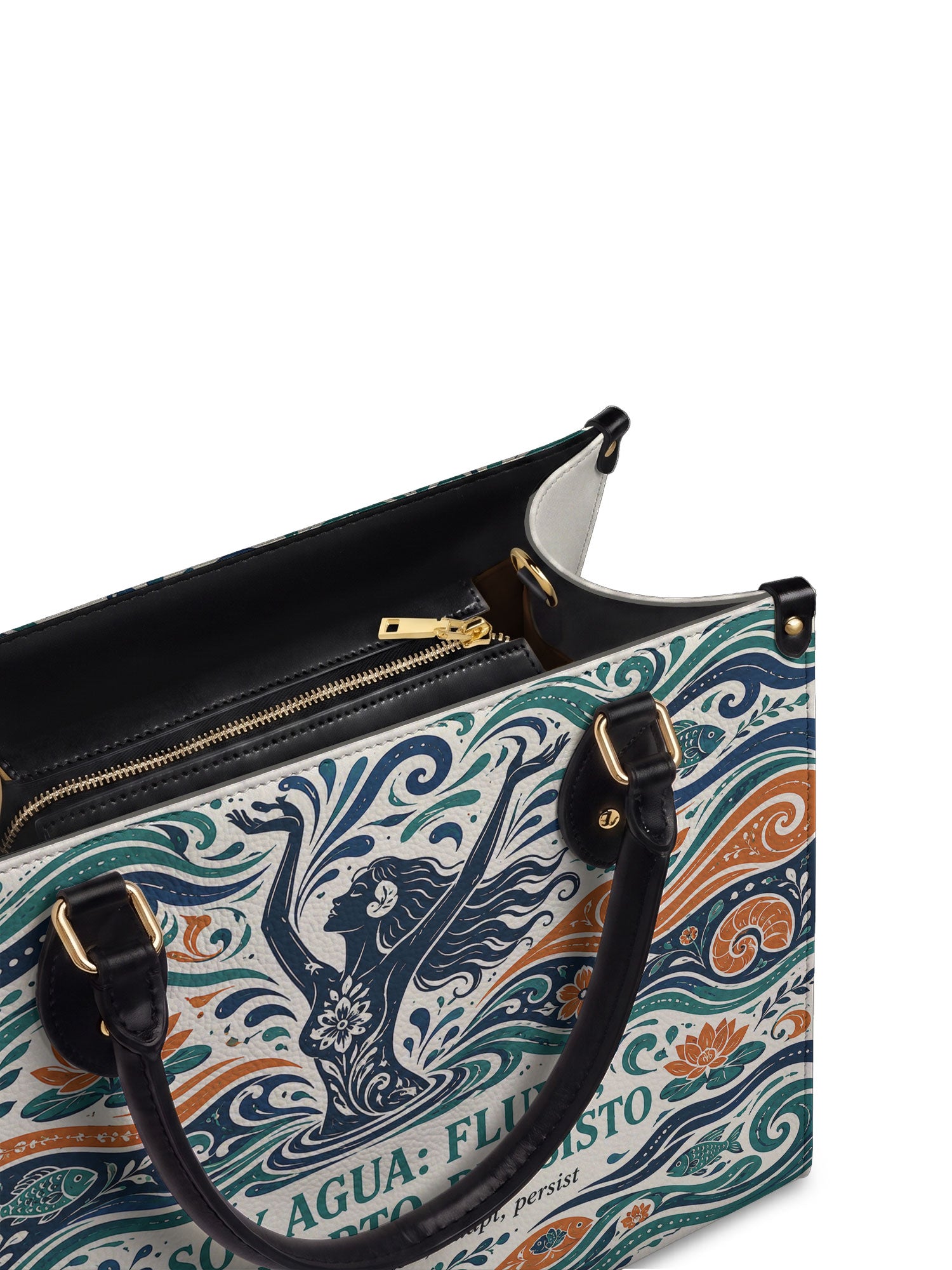 "Soy agua fluyo, me adapto, persisto" ver.1 Leather Handbag - detail | Paleta Bags