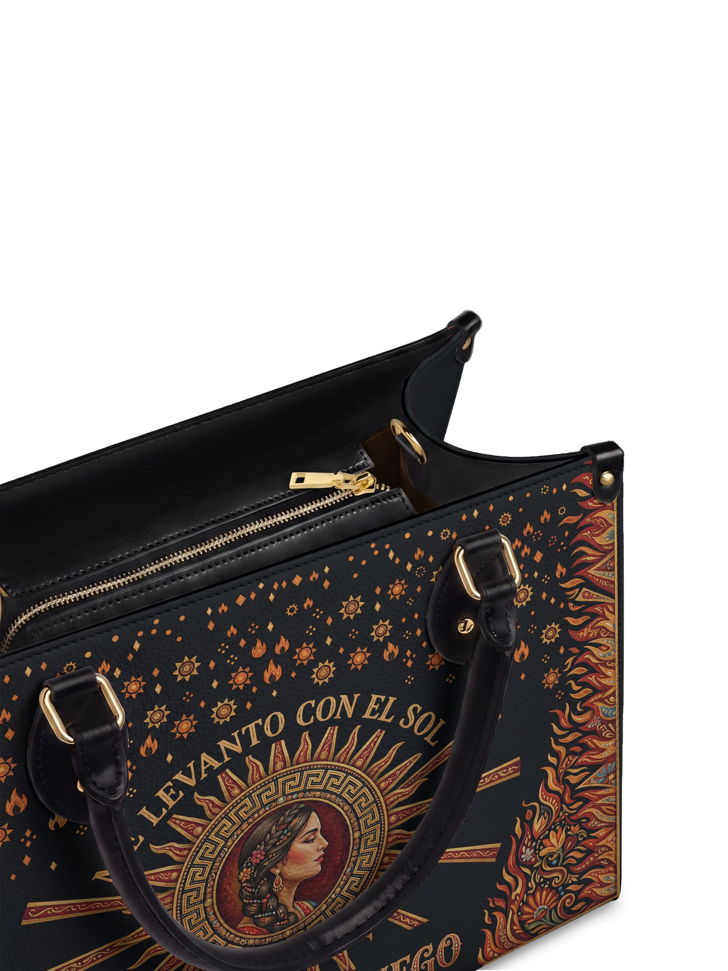 "Me levanto con el sol y llevo el fuego" ver.3 Leather Handbag - detail | Paleta Bags