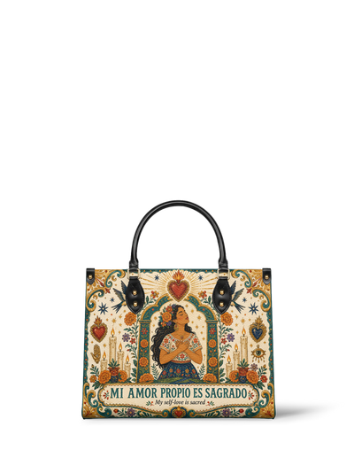 "Mi amor propio es sagrado" ver.1 Leather Handbag
