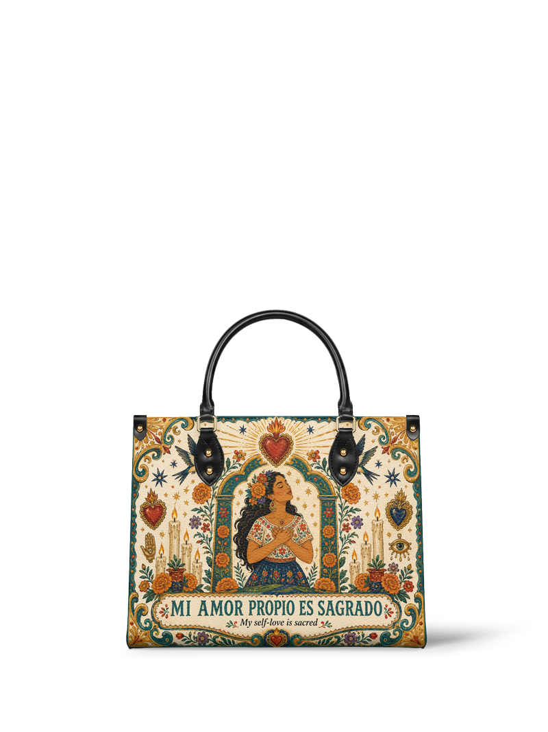 "Mi amor propio es sagrado" ver.1 Leather Handbag