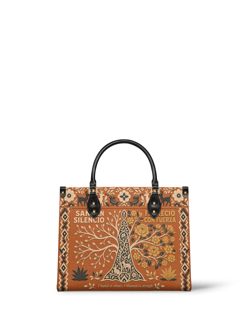 "Sanó en silencio, floreció con fuerza" ver.4 Leather Handbag