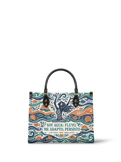 "Soy agua fluyo, me adapto, persisto" ver.1 Leather Handbag