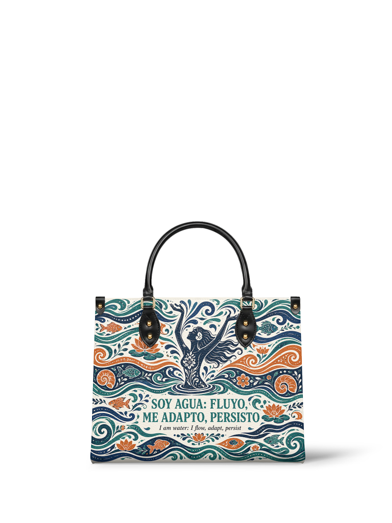 "Soy agua fluyo, me adapto, persisto" ver.1 Leather Handbag
