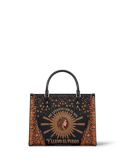 "Me levanto con el sol y llevo el fuego" ver.3 Leather Handbag
