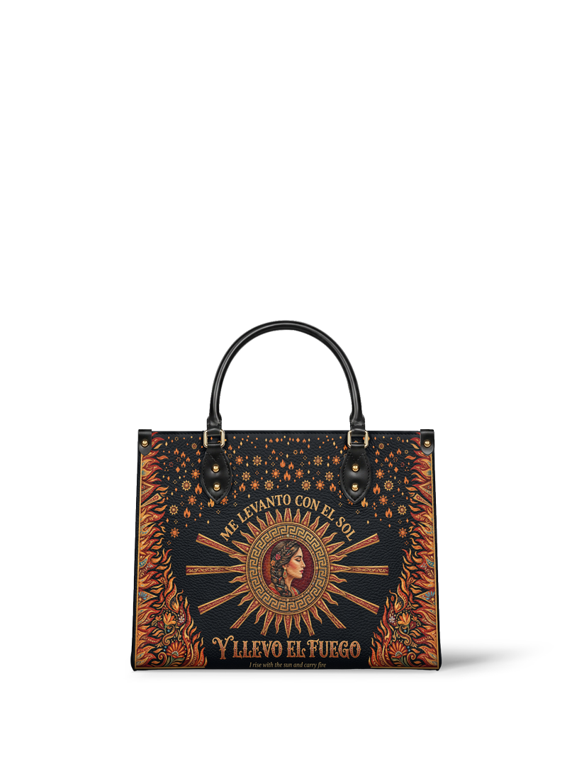 "Me levanto con el sol y llevo el fuego" ver.3 Leather Handbag