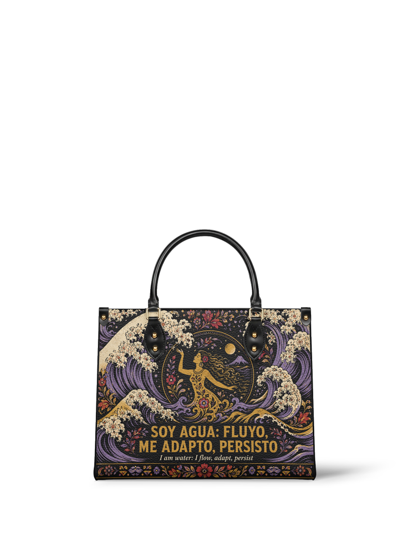 "Soy agua fluyo, me adapto, persisto" ver.2 Leather Handbag
