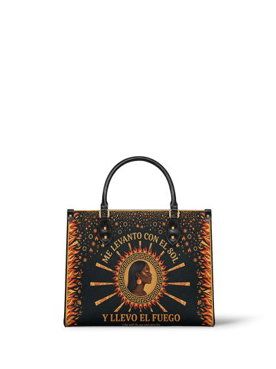 "Me levanto con el sol y llevo el fuego" ver.1 Leather Handbag