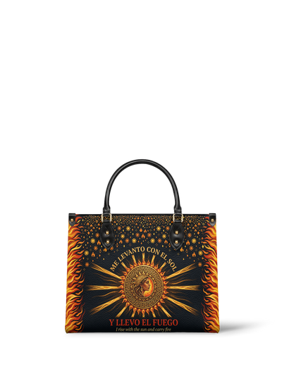 "Me levanto con el sol y llevo el fuego" ver.2 Leather Handbag
