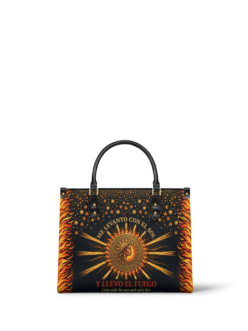 "Me levanto con el sol y llevo el fuego" ver.2 Leather Handbag