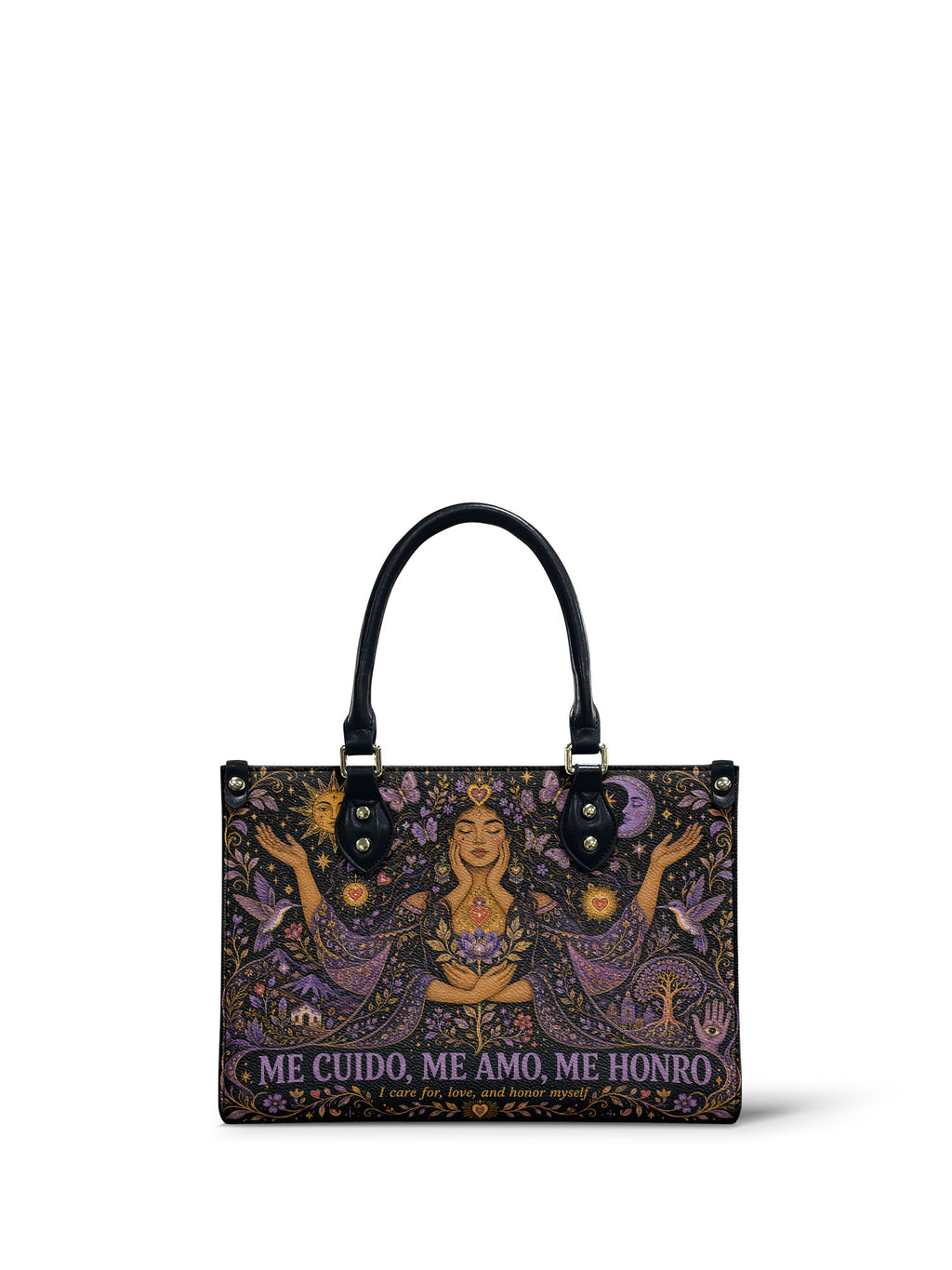"Me cuido, me amo, me honro" ver.2 Small Leather Handbag - front view | Paleta Bags