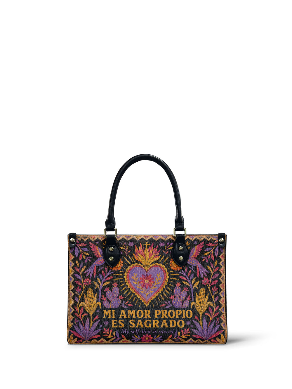 Black small handbag with a violet sacred heart, gold flames, pink and coral folk flowers, corn stalks and two birds