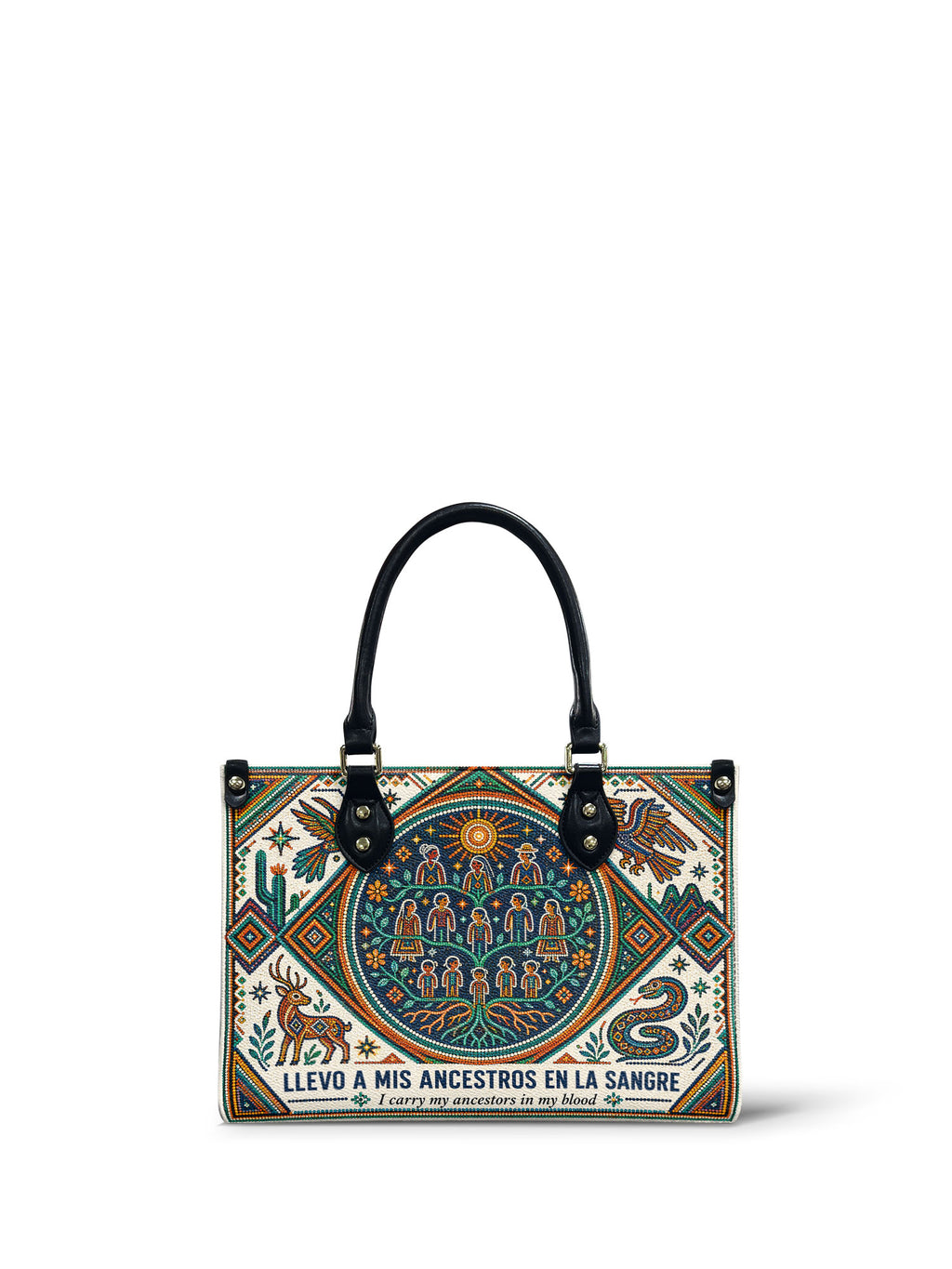 "Llevo a mis ancestros en la sangre" ver.4 Small Leather Handbag - front view | Paleta Bags