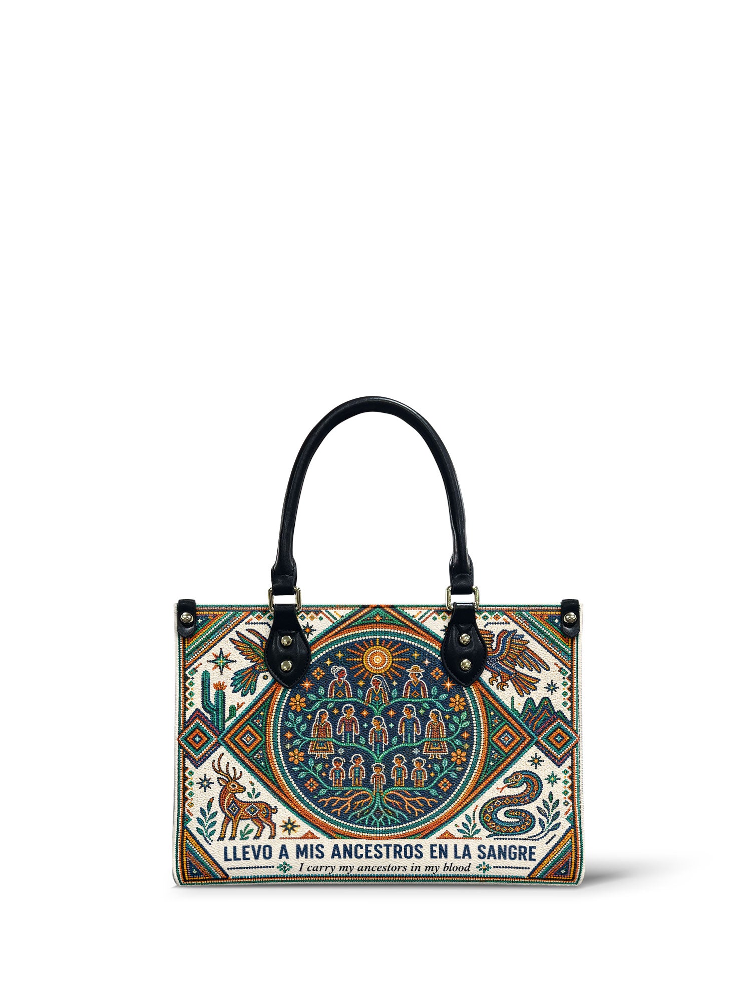 "Llevo a mis ancestros en la sangre" ver.4 Small Leather Handbag - front view | Paleta Bags