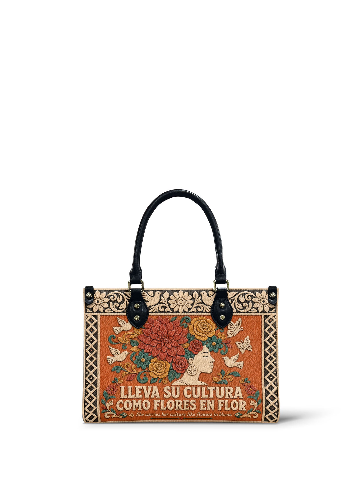 "Lleva su cultura como flores en flor" ver.3 Small Leather Handbag - front view | Paleta Bags