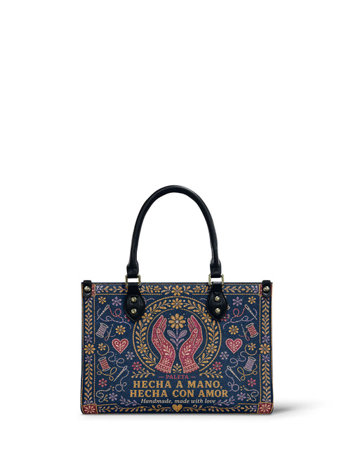 "Hecha a mano, hecha con amor" ver.4 Small Leather Handbag - Paleta Bags front view
