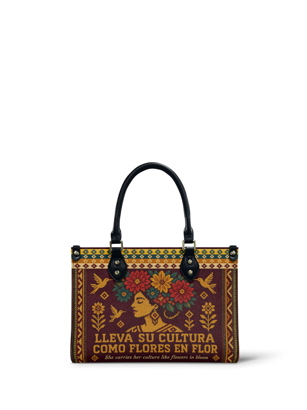 "Lleva su cultura como flores en flor" ver.4 Small Leather Handbag - front view | Paleta Bags
